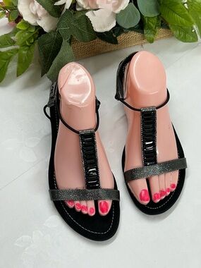 Women's Black T-Strap Glitter Sandals